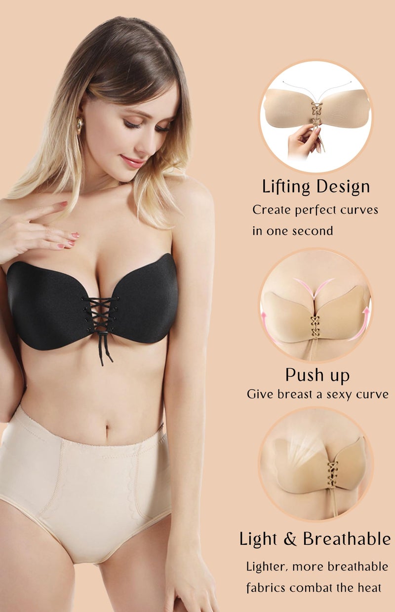 umooie Sticky Bra 2 Pairs Backless, Strapless, Adhesive, Invisible, Push up Bra for Women Stick on, Black and Beige, B Cup - Image 4