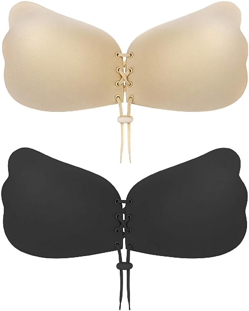 umooie Sticky Bra 2 Pairs Backless, Strapless, Adhesive, Invisible, Push up Bra for Women Stick on, Black and Beige, B Cup - Image 1