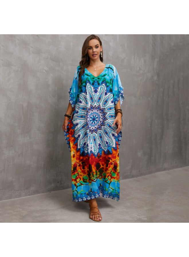 European And American Style Rayon Printed Beach Dress Loose Plus Size Robe Vacation Bikini Swimsuit Cover-up Sun Protection Shirt-Color:Green Orange Circle (ZS2060-6)-  - Image 1