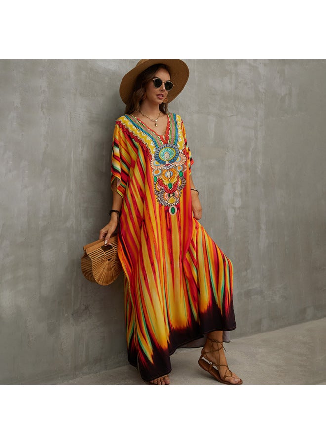 European And American Style Rayon Printed Beach Dress Loose Plus Size Robe Vacation Bikini Swimsuit Cover-up Sun Protection Shirt-Color:Green Orange Circle (ZS2060-6)-  - Image 4