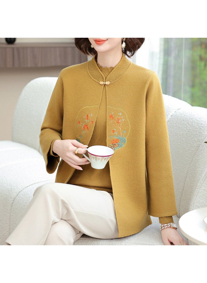 Tucano New Chinese Style National Wind Middle-Aged Mother Suit Two-Piece Set Semi-High Neck Long-Sleeved Base Shirt Embroidered Knitted Coat Outfit - Image 4