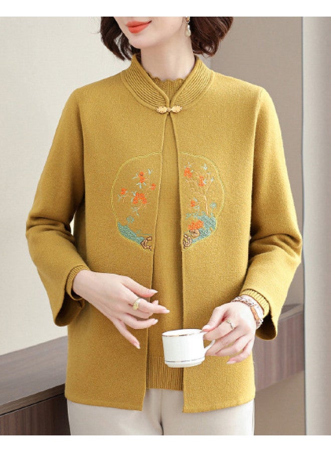 Tucano New Chinese Style National Wind Middle-Aged Mother Suit Two-Piece Set Semi-High Neck Long-Sleeved Base Shirt Embroidered Knitted Coat Outfit - Image 1