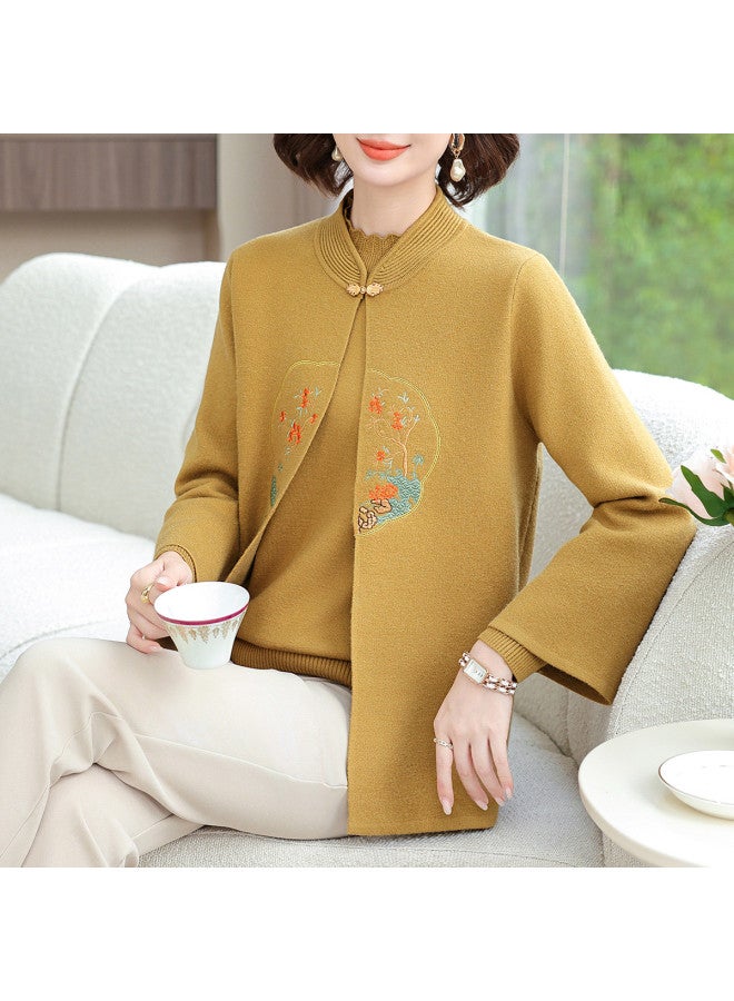 Tucano New Chinese Style National Wind Middle-Aged Mother Suit Two-Piece Set Semi-High Neck Long-Sleeved Base Shirt Embroidered Knitted Coat Outfit - Image 3
