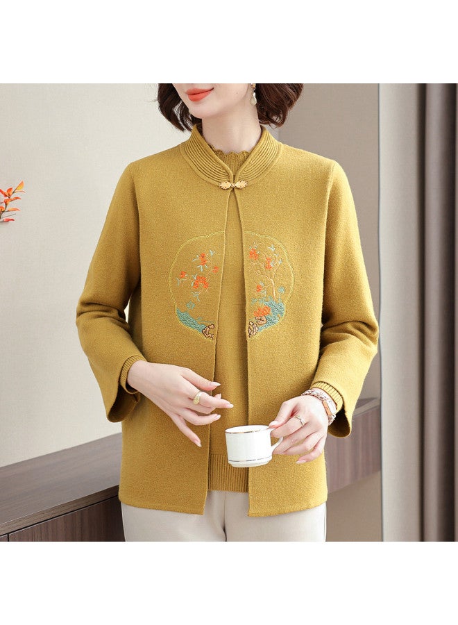 Tucano New Chinese Style National Wind Middle-Aged Mother Suit Two-Piece Set Semi-High Neck Long-Sleeved Base Shirt Embroidered Knitted Coat Outfit - Image 2