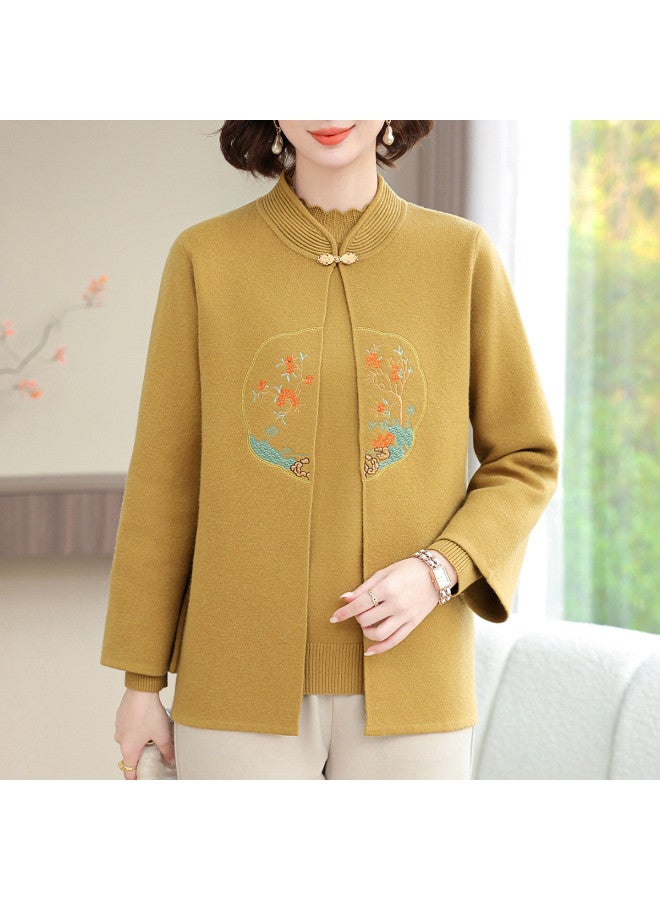 Tucano New Chinese Style National Wind Middle-Aged Mother Suit Two-Piece Set Semi-High Neck Long-Sleeved Base Shirt Embroidered Knitted Coat Outfit - Image 5
