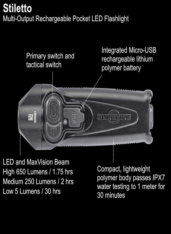 SureFire Stiletto Rechargeable Pocket Flashlight 650 Lumen Multi-Output LED (PLR-A) Bundle with Lumintrail USB Car and Wall Adapters - Image 2
