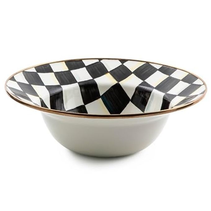 MACKENZIE-CHILDS Enamel Serving Bowl, Enamel Serveware Bowl, 12 Inches, Black-and-White Courtly Check