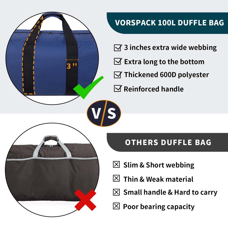Vorspack Extra Large Duffle Bag for Travel - 100L Duffel Bag for Men Gear Bag for Storage Foldable Weekender Bag for Overnight Camping - Blue - Image 3