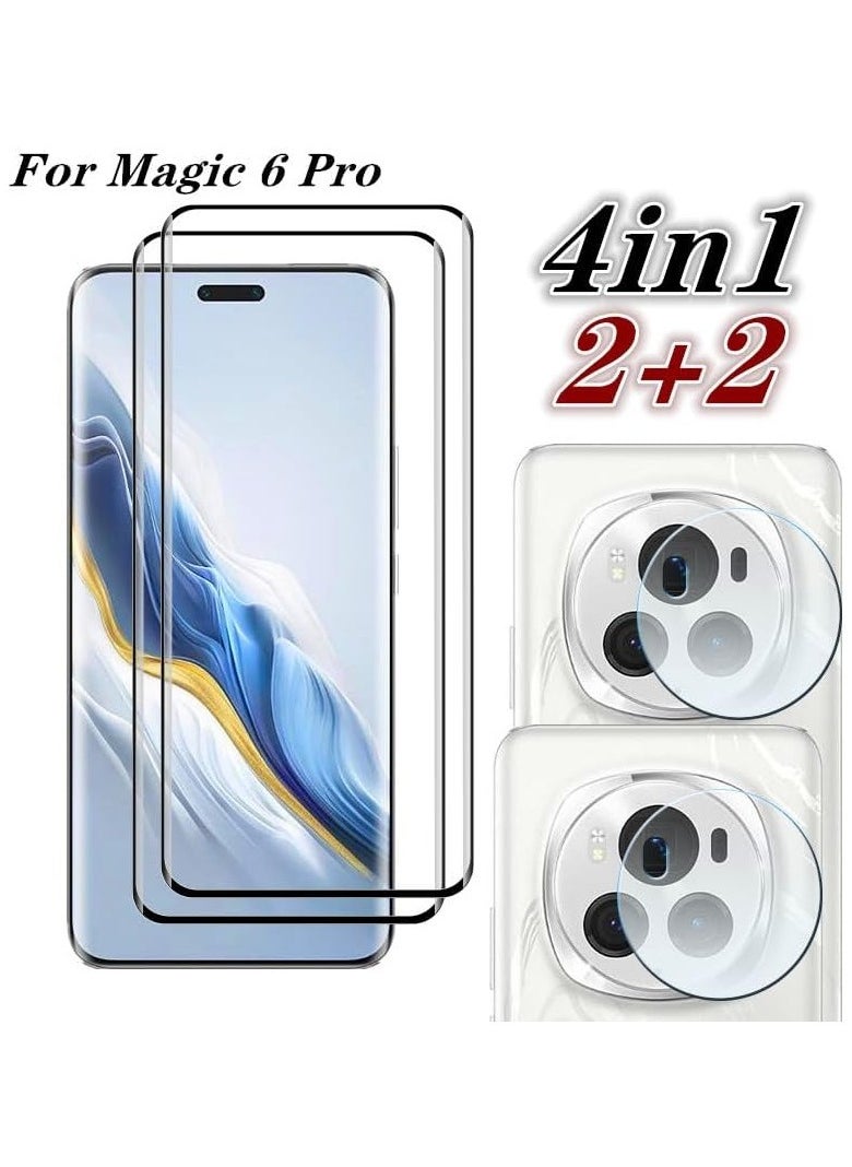 جنرال - - حزمة 2+2 متوافقة مع Honor Magic 6 Pro 5G تحتوي على حامي للشاشة مع حامي لعدسة الكاميرا، فيلم زجاج مقاوم للصدمات بتغطية كاملة، حافظ على شاشة واضحة عالية الجودة ومقاومة للخدوش. - Image 1