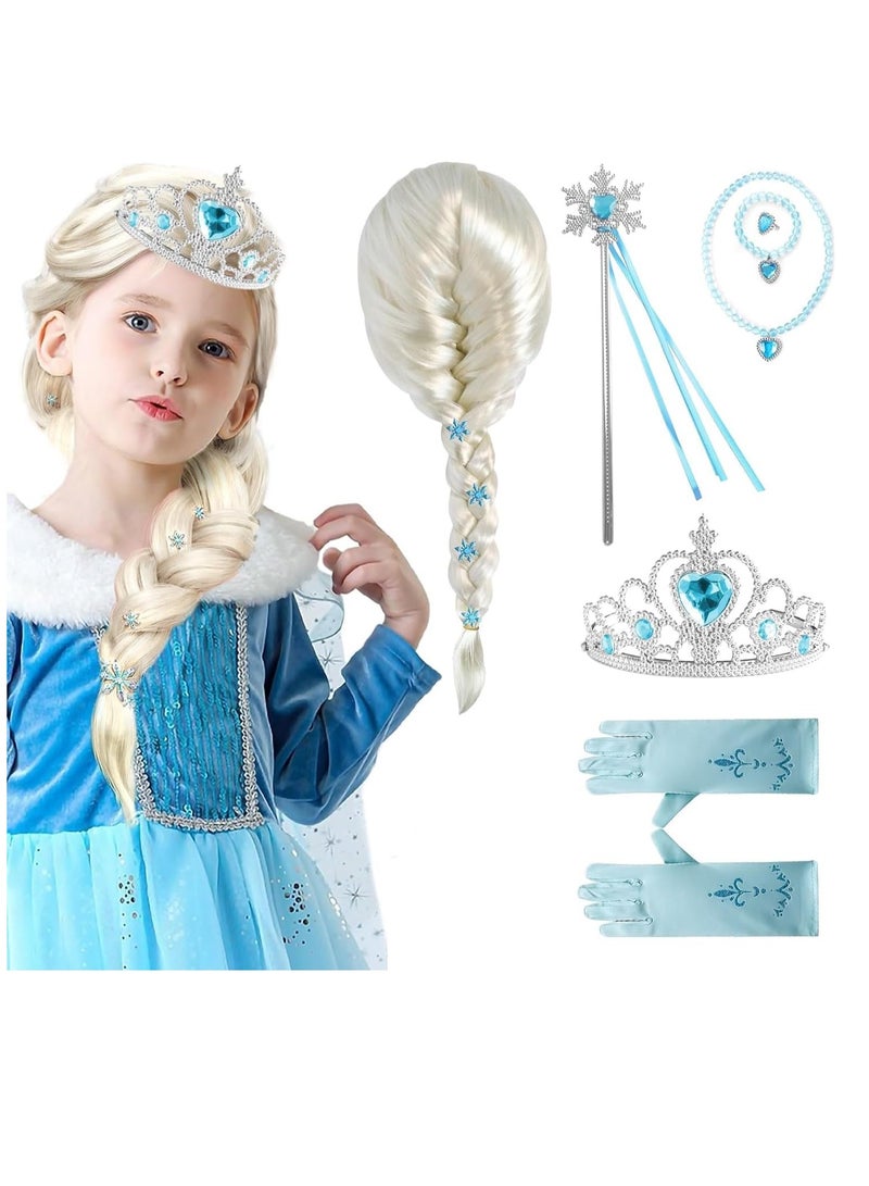 Princess Elsa Wig Frozen Elsa Braid with Princess Tiara Princess Elsa Dress Up Costume Accessories for Kids Girl 7pcs - Image 1