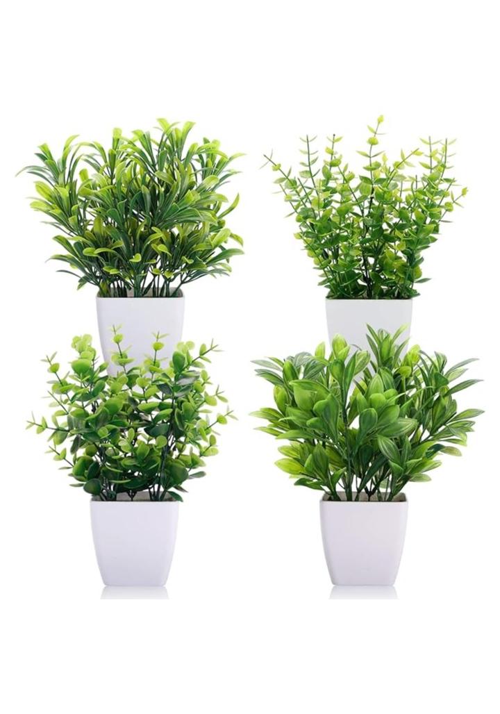 حزمة من 4 نباتات صناعية خضراء صغيرة بوعاء نباتات خضراء صناعية للمنزل والمكتب والديكور الداخلي ونباتات صناعية صغيرة في مزهرية لغرفة المعيشة، لون أخضر وديكور، الارتفاع الإجمالي 10 سم، أشكال مختلفة. - Image 1