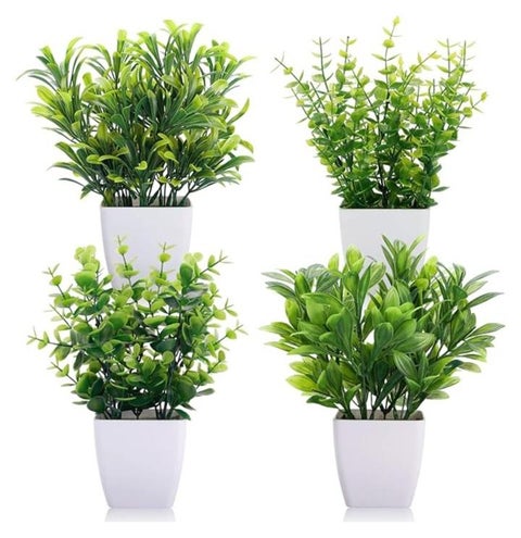 Pack Of 4 Mini Green Artificial Plants Potted Artificial Green Plants For Home Office Interior Decoration Small Artificial Plants In Vase For Living Room, Green Color And Decoration, Total Height 10Cm, Various Shapes.
