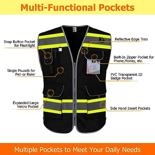 TCCFCCT High Visibility Vest 9 Pockets Hi Vis Reflective Safety Vest for Men Women, Surveyor Work Vest with Fluorescent Yellow Extend Edge, Durable, Breathable, Meets ANSI/ISEA, (DB-Black, Small) - Image 3