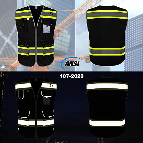 TCCFCCT High Visibility Vest 9 Pockets Hi Vis Reflective Safety Vest for Men Women, Surveyor Work Vest with Fluorescent Yellow Extend Edge, Durable, Breathable, Meets ANSI/ISEA, (DB-Black, Small) - Image 2