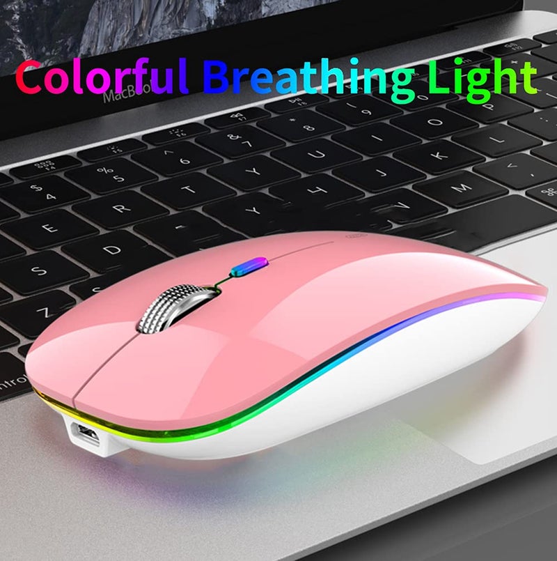 Uiosmuph LED Wireless Mouse, G12 Slim Rechargeable Silent 2.4G Portable USB Optical Computer Mice with Receiver and Type C Adapter (Pink) - Image 2