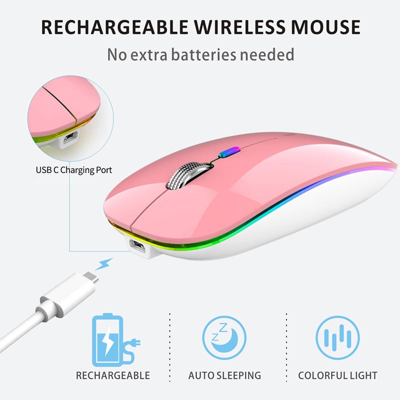 Uiosmuph LED Wireless Mouse, G12 Slim Rechargeable Silent 2.4G Portable USB Optical Computer Mice with Receiver and Type C Adapter (Pink) - Image 4