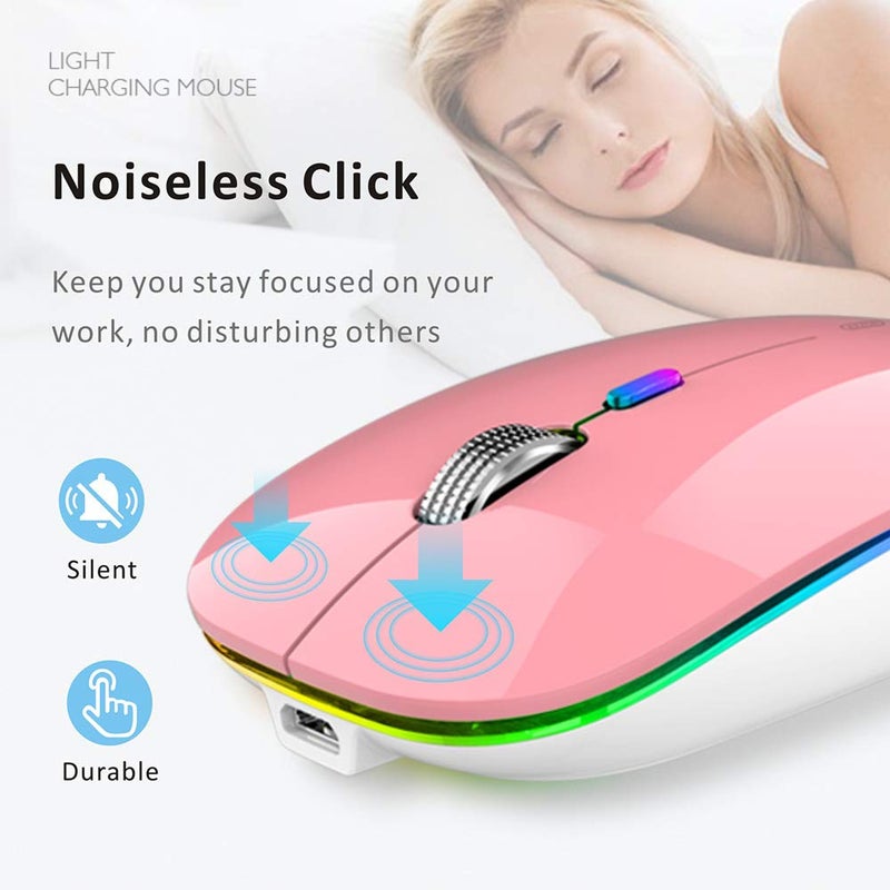 Uiosmuph LED Wireless Mouse, G12 Slim Rechargeable Silent 2.4G Portable USB Optical Computer Mice with Receiver and Type C Adapter (Pink) - Image 3