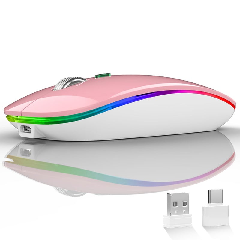 Uiosmuph LED Wireless Mouse, G12 Slim Rechargeable Silent 2.4G Portable USB Optical Computer Mice with Receiver and Type C Adapter (Pink) - Image 1