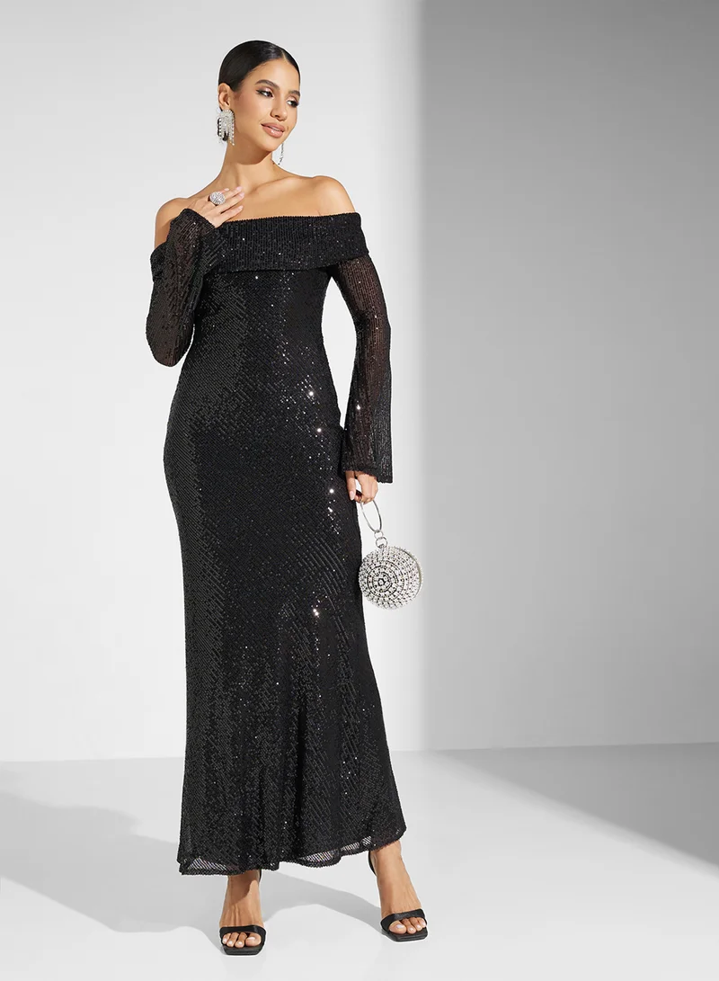 جديد روز Sequin Off-Shoulder Dress