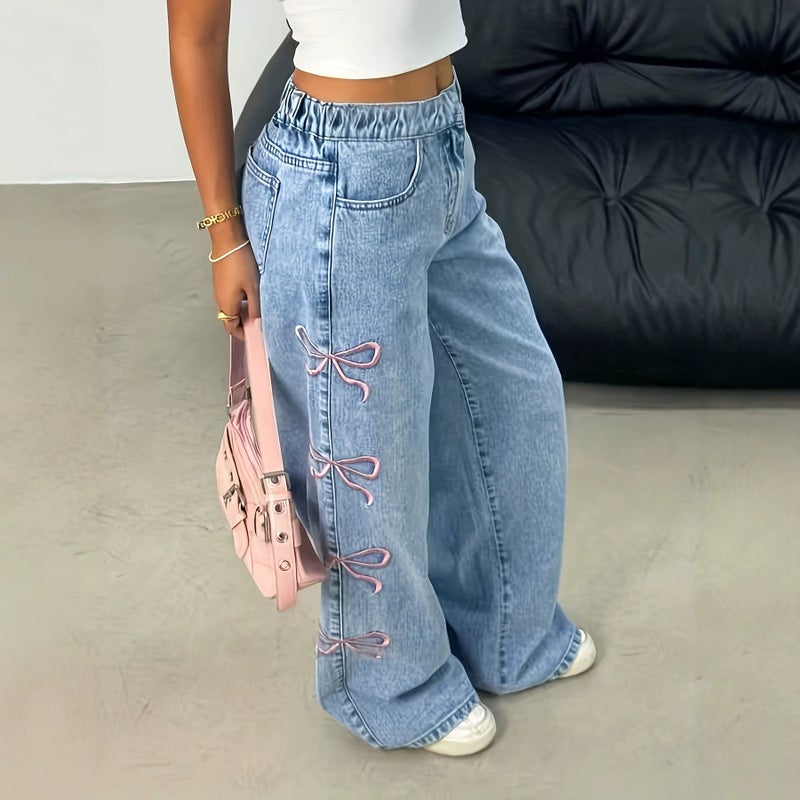 Women's Straight Leg Bow Jeans, Washed - Image 1