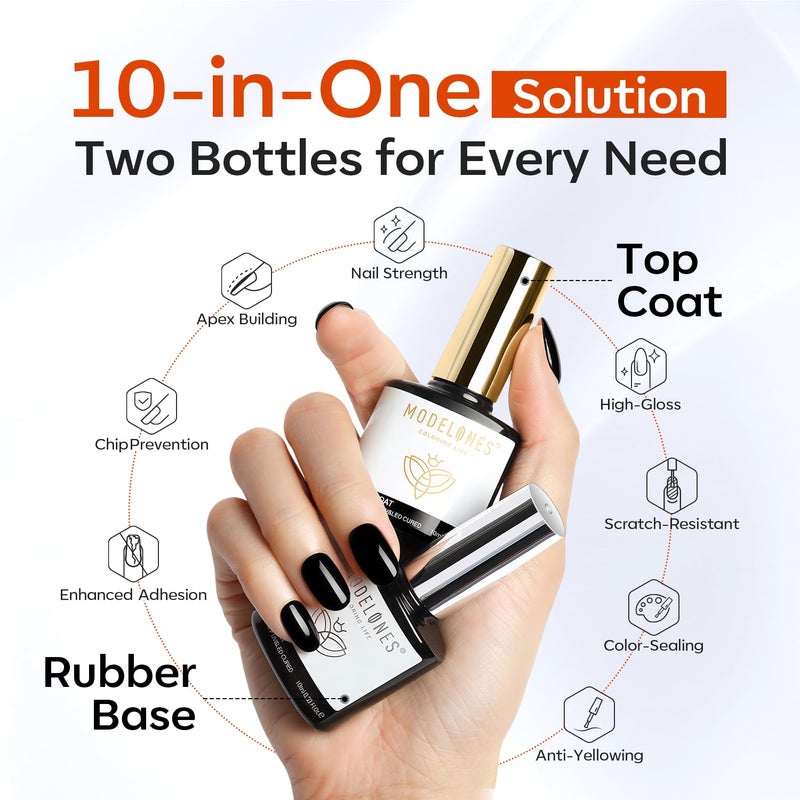 modelones Rubber Clear Gel Nail Polish, 2Pcs Builder Base Top Coat No Wipe Clear Glossy Strengthener for Apex Building Nail Glue Long Lasting Shiny Protect Thin Weak Nail Soak Off U V Manicure Gift - Image 4