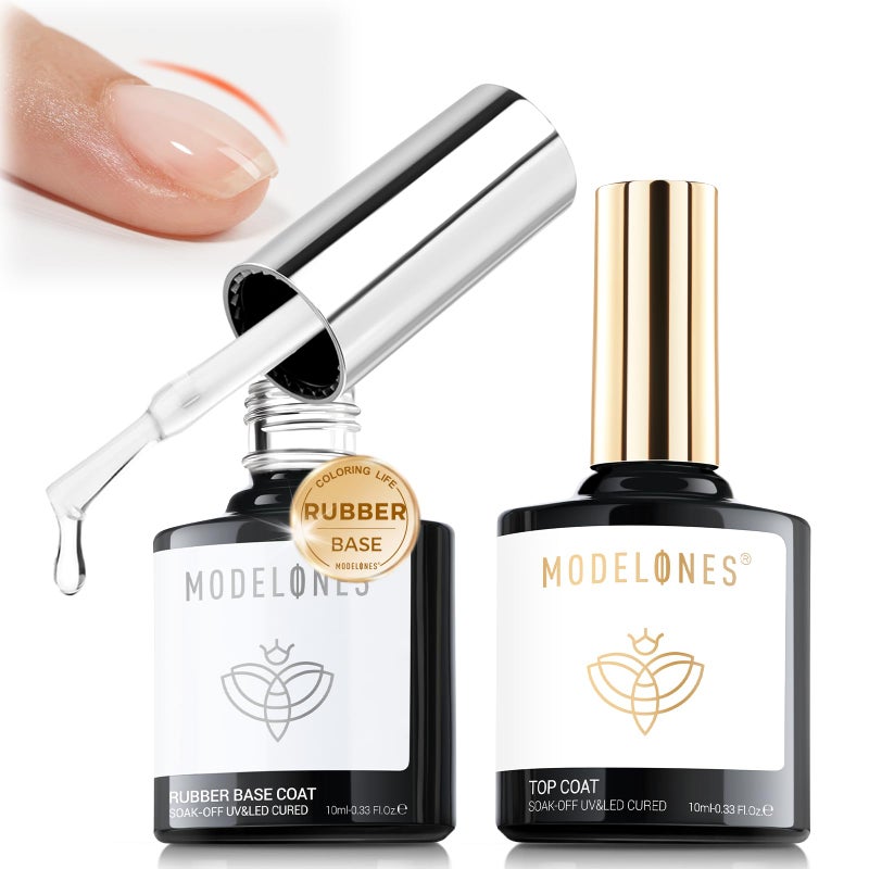 modelones Rubber Clear Gel Nail Polish, 2Pcs Builder Base Top Coat No Wipe Clear Glossy Strengthener for Apex Building Nail Glue Long Lasting Shiny Protect Thin Weak Nail Soak Off U V Manicure Gift - Image 1