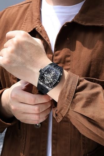 BUREI Men's Automatic Watch Skeleton Waterproof Luxury Stainless Steel Dress Wrist Watches for Men with Rubber Band - Image 3