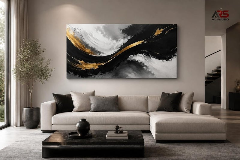 ARS Luxury Abstract Canvas Wall Art, Modern Black and White Fluid Wave Painting Print, Elegant Metallic Gold Foil Brushstroke Picture for Living Room, Majlis, Bedroom Decoration - Image 2