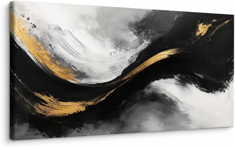 ARS Luxury Abstract Canvas Wall Art, Modern Black and White Fluid Wave Painting Print, Elegant Metallic Gold Foil Brushstroke Picture for Living Room, Majlis, Bedroom Decoration - Image 1