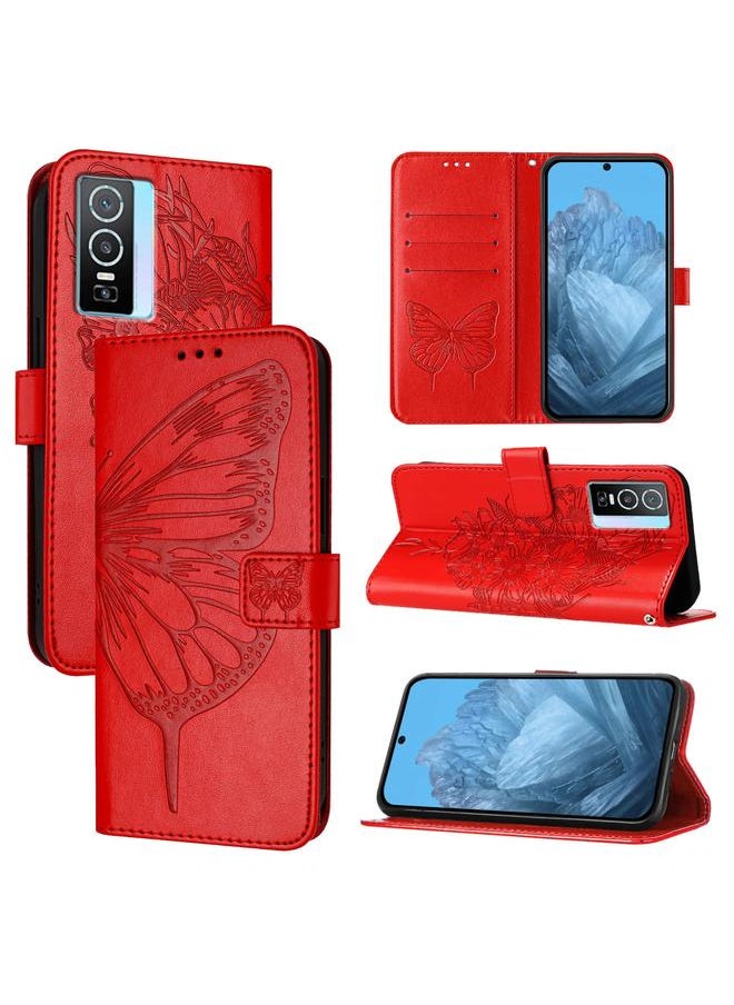 زبون - جراب جلدي منقوش عليه فراشة لهاتف vivo Y76 5G (أحمر) - Image 1