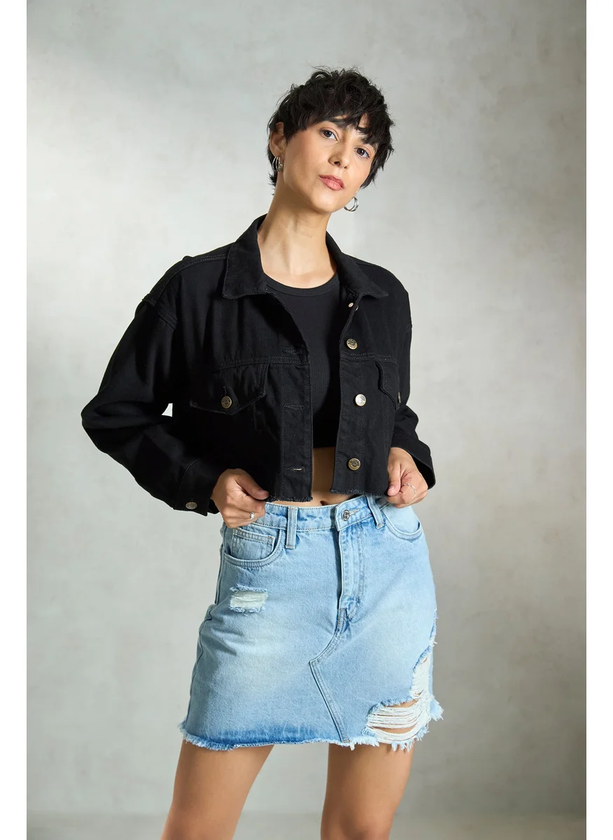 فيرجيو Virgio Women Cotton Collar Neck Crop Length Denim Full Sleeve Jacket