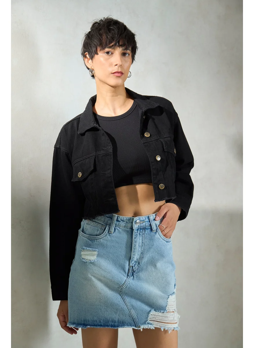 فيرجيو Virgio Women Cotton Collar Neck Crop Length Denim Full Sleeve Jacket