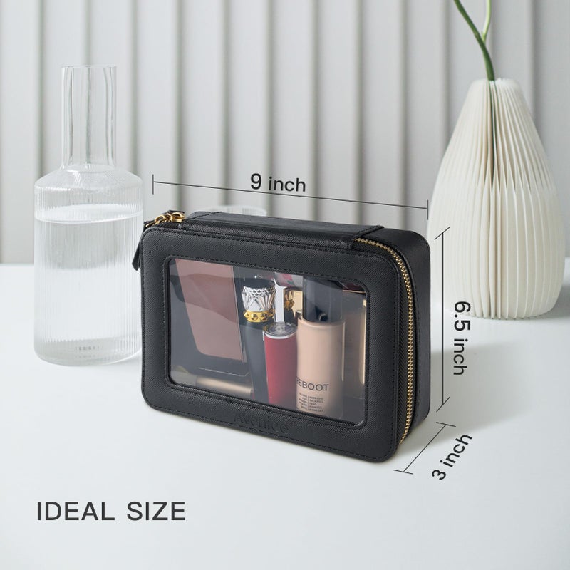 Aveniee Clear Makeup Bag Organizer, Portable Travel Toiletry Cosmetic Bag Case for Women, Heavy Duty Clear Pouch with zipper with Transparent Vinyl Windows & Gold Zippers(Black) - Image 2