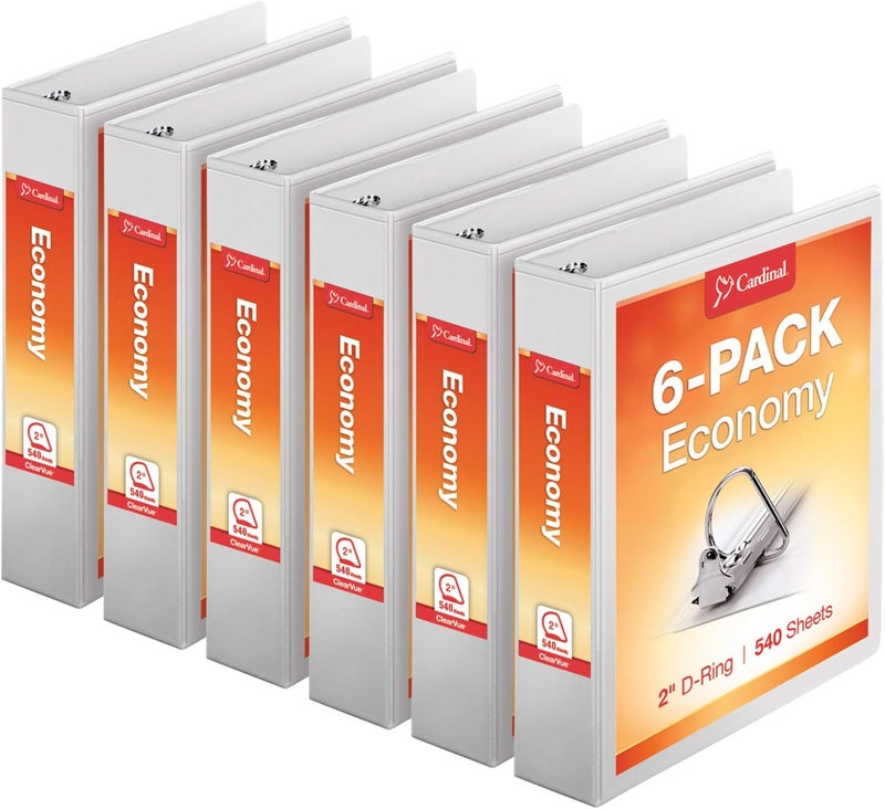 Cardinal Tops Economy 3-Ring Binders, 2", Slant-D Rings, Holds 540 Sheets, ClearVue Presentation View, Non-Stick, White, Carton of 6 (90761) - Image 1