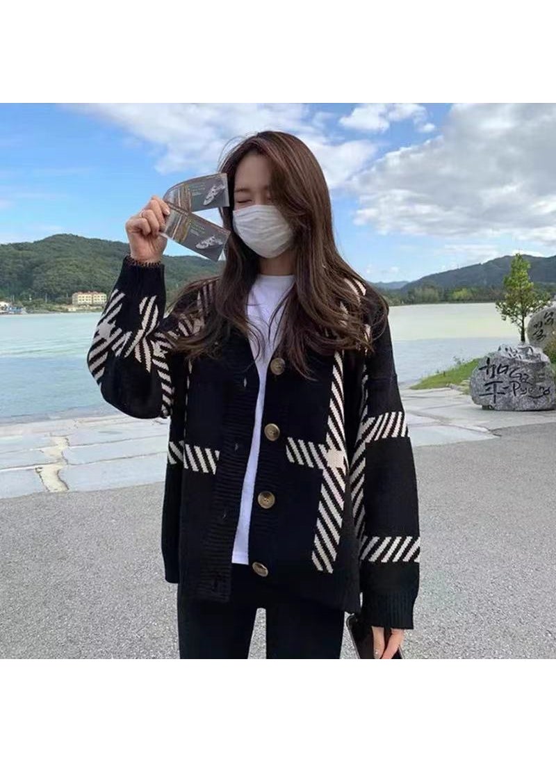 Generic - Striped Knit Cardigan Loose Fit Sweater Black - Image 1