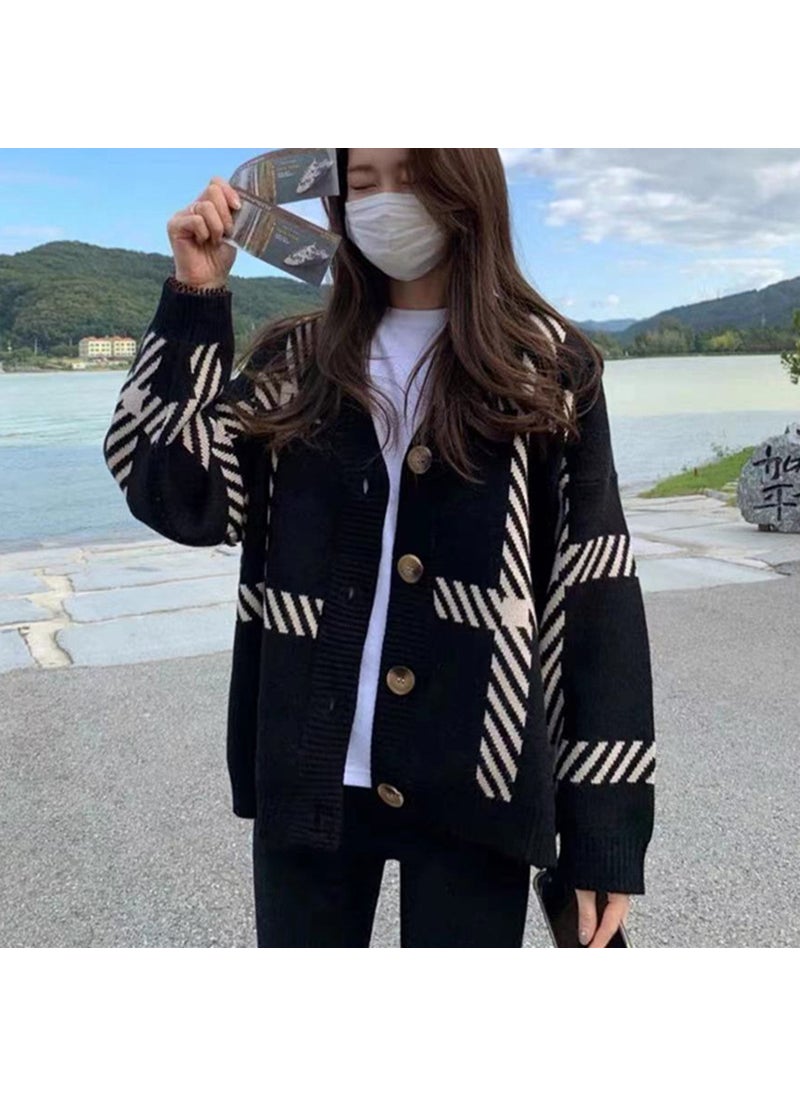 Generic - Striped Knit Cardigan Loose Fit Sweater Black - Image 1