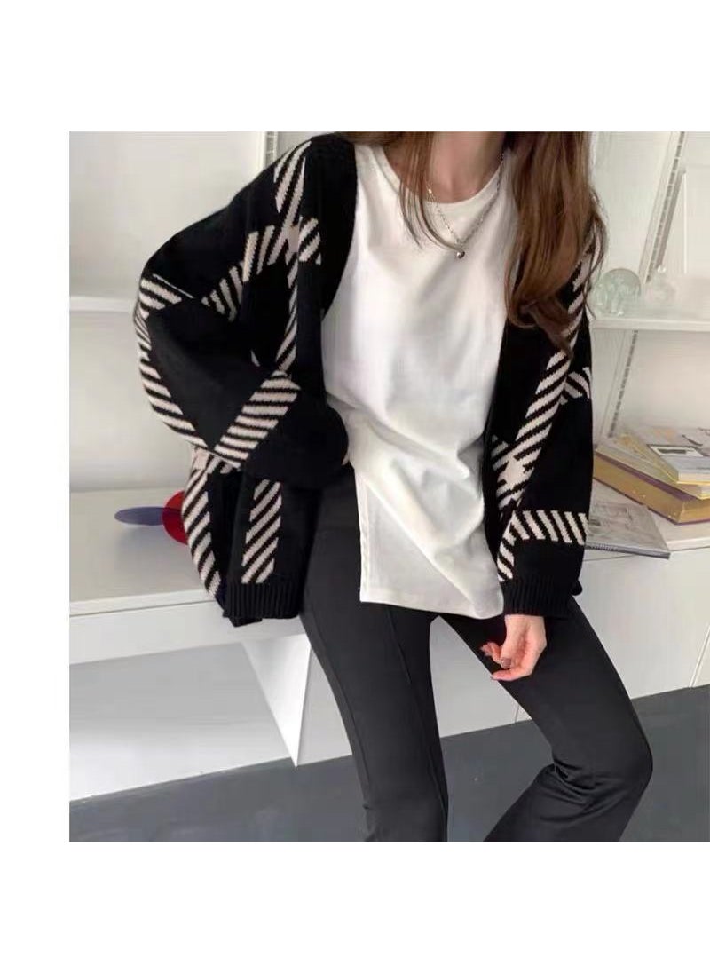 Generic - Striped Knit Cardigan Loose Fit Sweater Black - Image 1