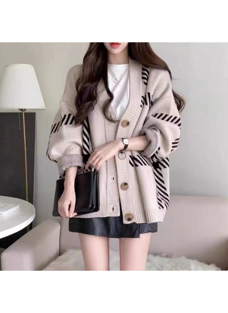 Generic - Striped Knit Cardigan Loose Fit Sweater Black - Image 1