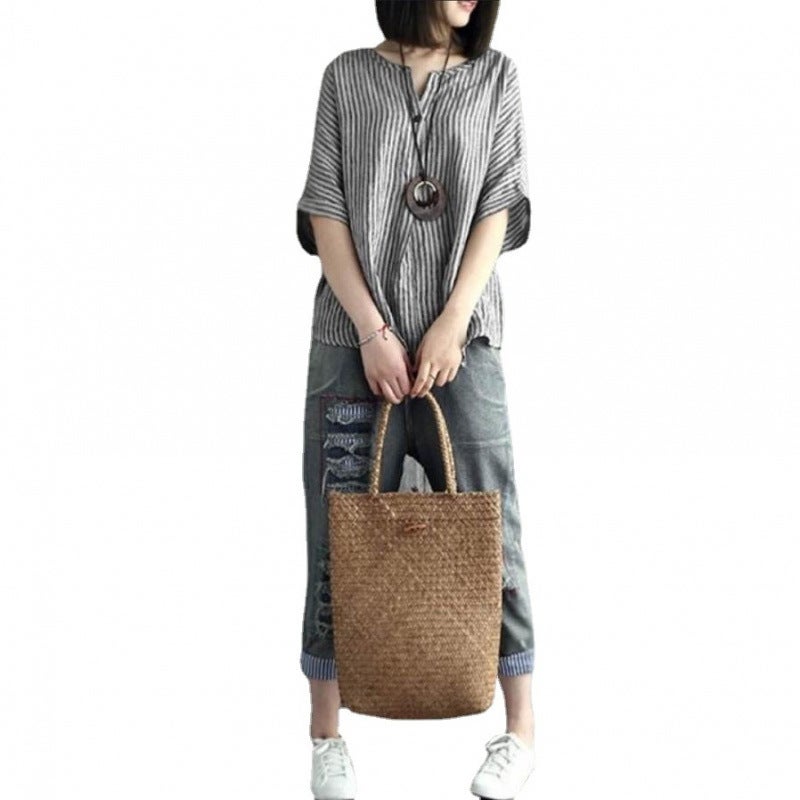 Women's Casual Striped T-Shirt, Round Neck, 7/8 Sleeve - Image 4