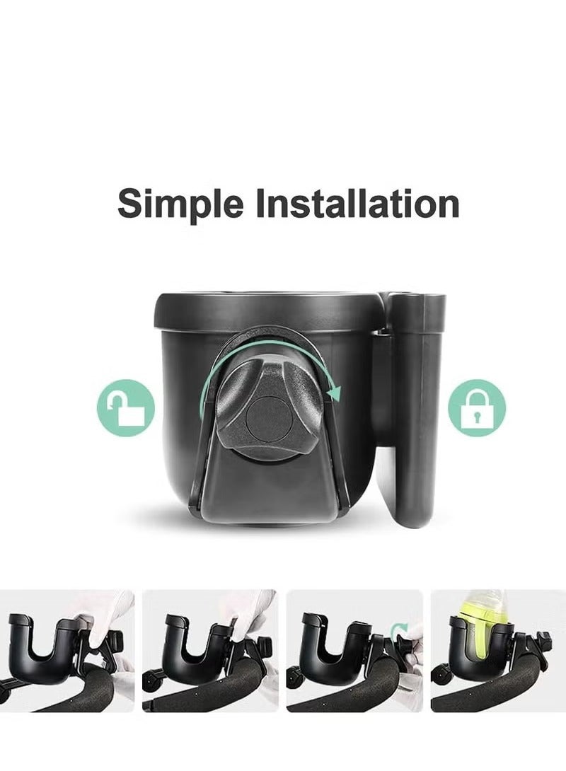 Stroller Cup Holder - 2 in 1 Universal Cup Holder Rack Bottle Holder for Buggy Pushchair Wheelchair Bike and More (Black)  - Image 2