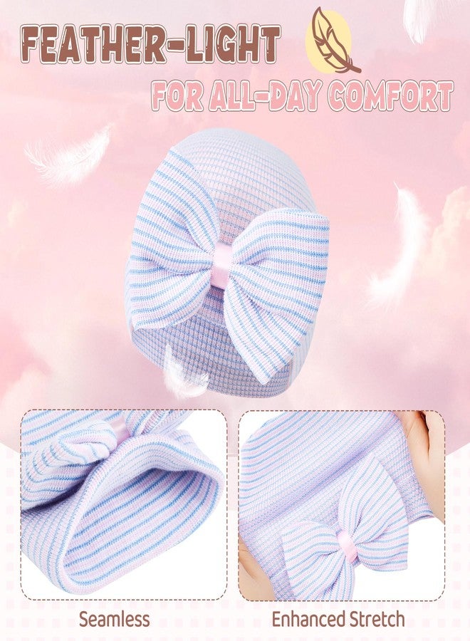 Zando Newborn Hospital Hat Toddler Beanie Baby Boy Girl Knot Headbands with Big Bows Infant Baby Nursery Caps White & Blue & Pink & Pink Blue White One Size - Image 3