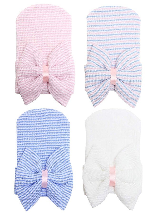 Zando Newborn Hospital Hat Toddler Beanie Baby Boy Girl Knot Headbands with Big Bows Infant Baby Nursery Caps White & Blue & Pink & Pink Blue White One Size - Image 1