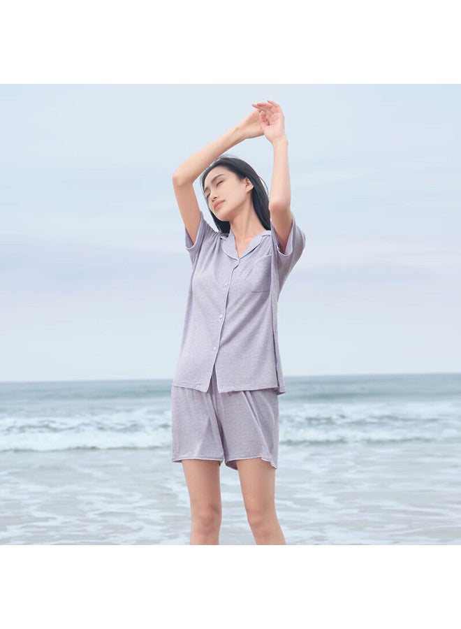 Agentmuse Couple Modal Super Soft Breathable Short Sleeve Shorts Home Wear Set 845T Orchid Purple And Grey S - Image 1