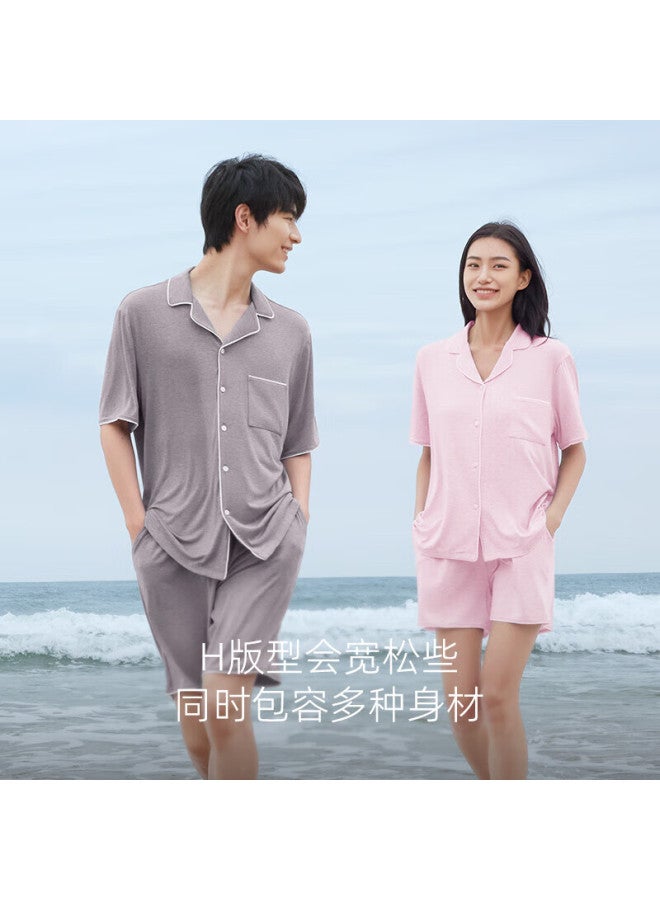 Agentmuse Couple Modal Super Soft Breathable Short Sleeve Shorts Home Wear Set 845T Orchid Purple And Grey S - Image 2