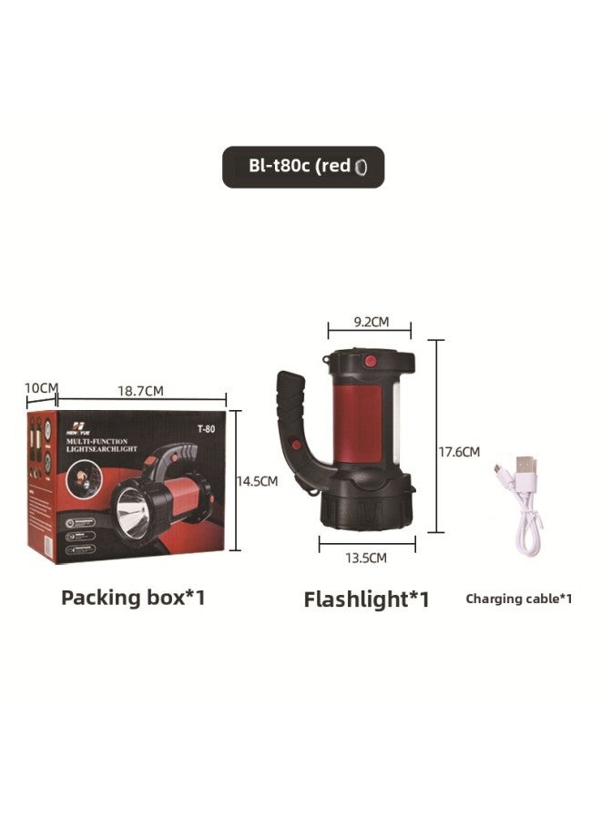 LED Outdoor Multifunctional Strap Flashlight Strong Light USB Rechargeable Portable Lamp COB Plastic Waterproof Long-range Flashlight-Color:Red  - Image 1