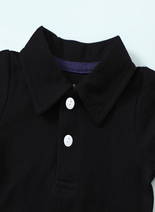 ROMPERINBOX Newborn Baby Boy Collared Onsies Polo Shirt Bodysuit Pique Solid Color Mesh Bubble Short Sleeve Romper Clothes (Black, 3-6 Months) - Image 2