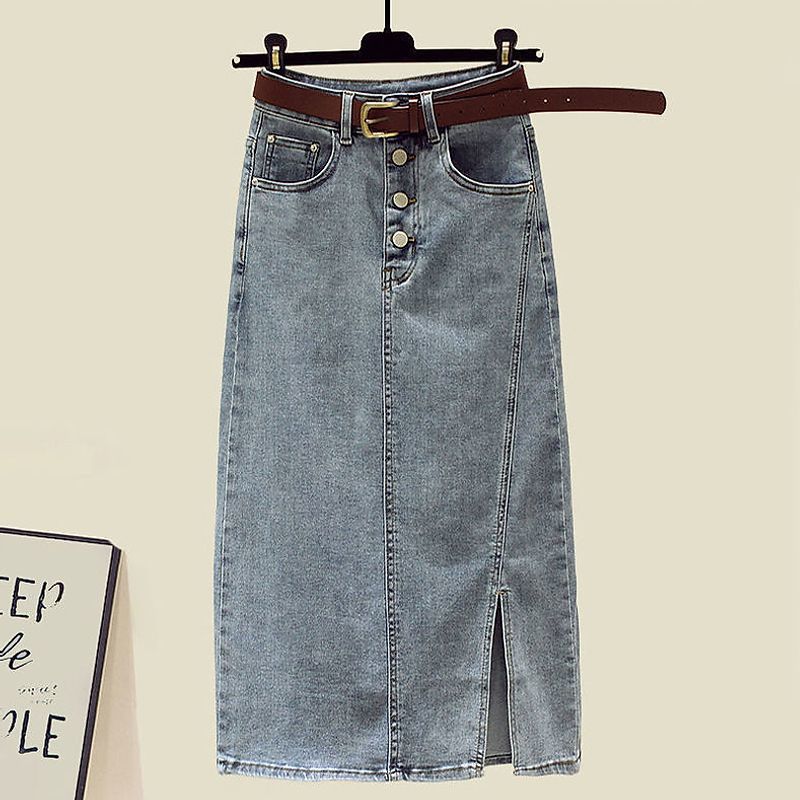 Summer suit Womens 2024 New plus size Womens Striped Shirt Inner Strap with Denim Skirt Three-piece Set Blue skirt [single piece]]