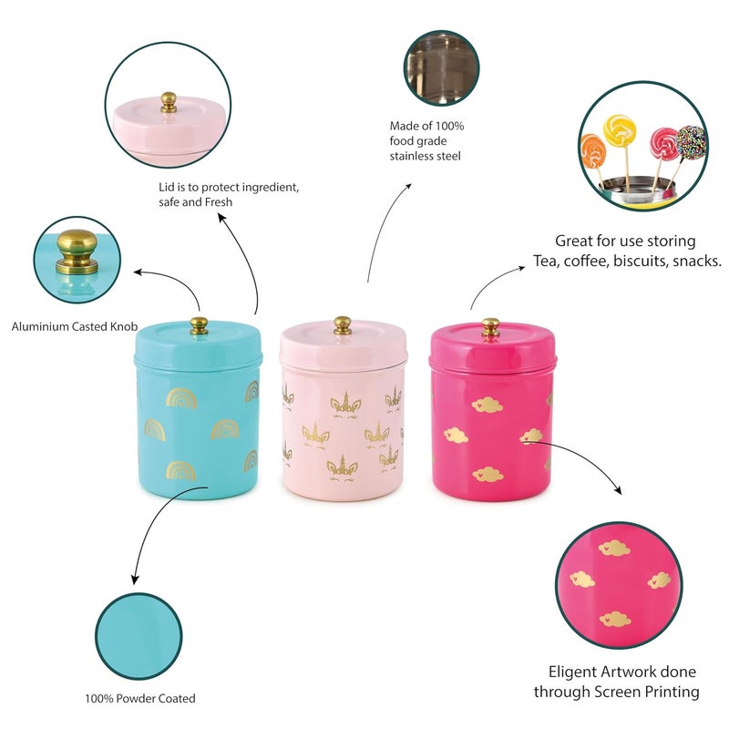 Elan Stainless Steel Food Storage Jars, Canisters for Kitchen, Multipurpose Containers (Set of 3, Multicolor) (Unicorn) - Image 3