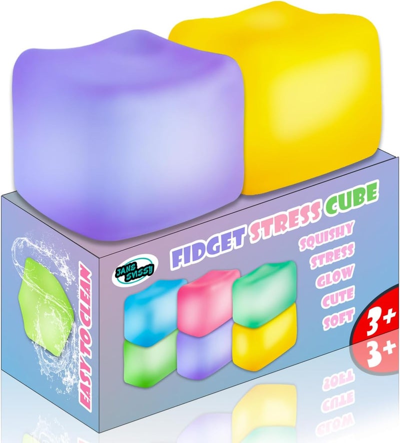 JANESVISSY Glow in the Dark Stress Cube Fidget Toy (2-Pack) - Super Solid Squishy TPR Squeeze Toy for Kids Teens Adults (Blue & Purple) - Image 2