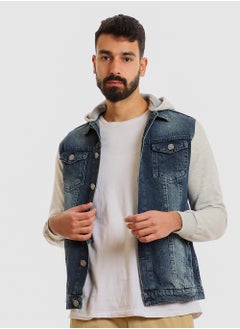 WHITE RABBIT Casual Plain Basic Long Sleeve Hooded Neck Denim Jacket  - Image 1